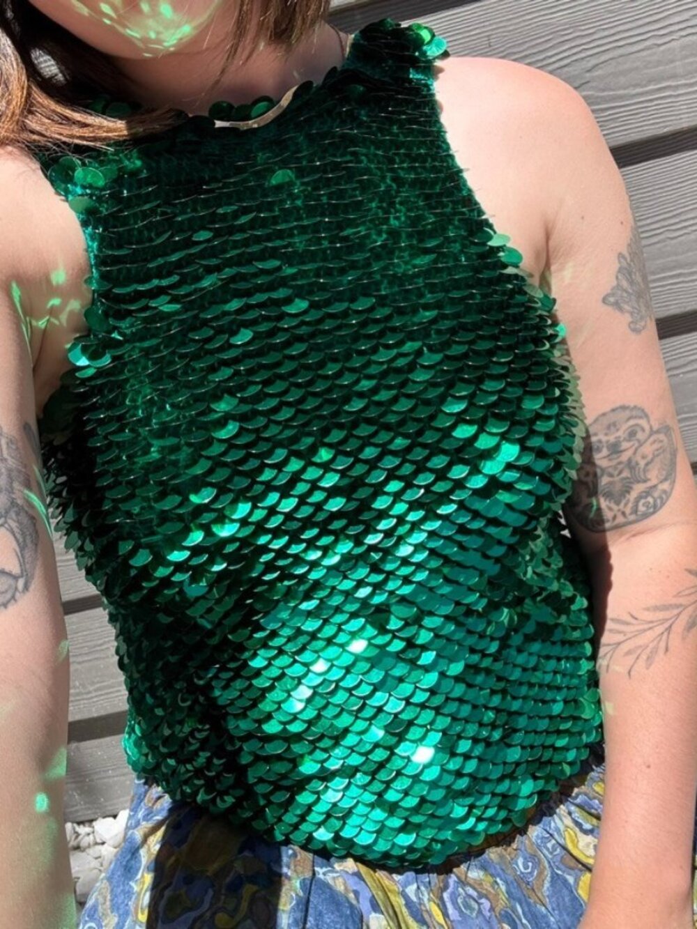 Vintage Womens Hand Knit Green Sequin Shiny Sparkly Mermaidcore Vest Top Sz M